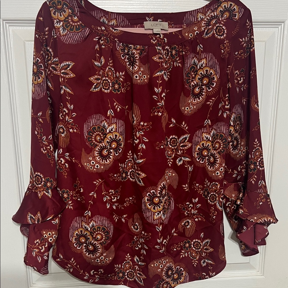 LOFT Burgundy Floral Blouse